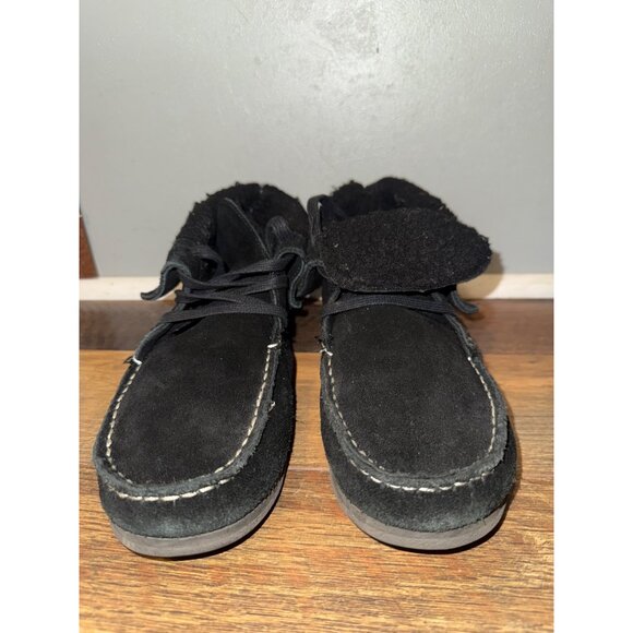 American Eagle Black Genuine Cow Suede Faux Fur Ankle Moccasin Booties Sz 9 - Picture 10 of 14